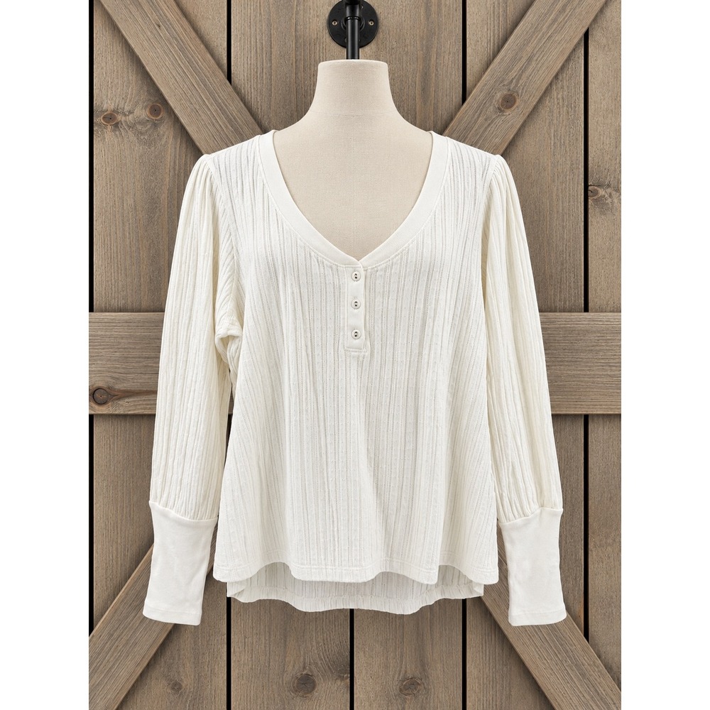 New Sundance Henley Top PL Cream Pointelle Ribbed Knit Puff Sleeve Button Cuff